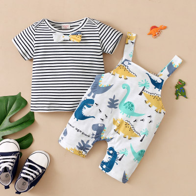 hibobi Baby Boy Cute Stripe Top Dinosaur Print Bib Pant Two-piece