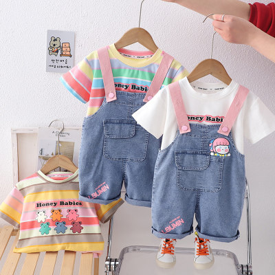 Overalls children's clothing 2024 summer boys and girls rainbow striped breathable T-shirt denim overalls suit