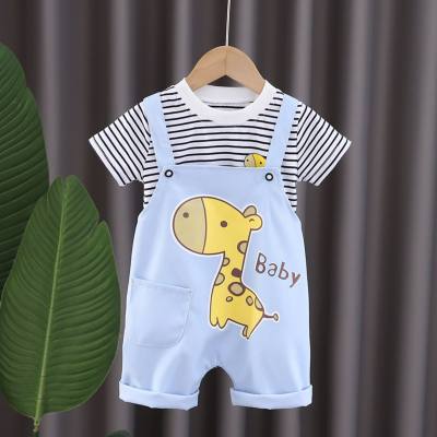 Summer new boys round neck striped casual short-sleeved denim fawn overalls baby baby two-piece suit