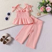 2024 new style 0-3 years old infants and young children simple casual style suspender tops straight trousers girls solid color suit  Pink