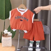 Boys summer new suits children's clothing small and medium children's round neck letter printed vest sports casual wear two-piece suit  Orange