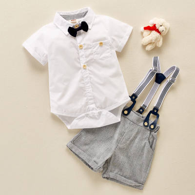 Toddler Boy Bowknot Decor Solid Color Shirt & Suspender Shorts