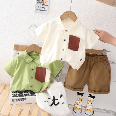 Camisa fina de verão infantil terno roupas infantis atacado pequeno e médio tamanho meninos lapela camisa casual de manga curta conjunto de duas peças