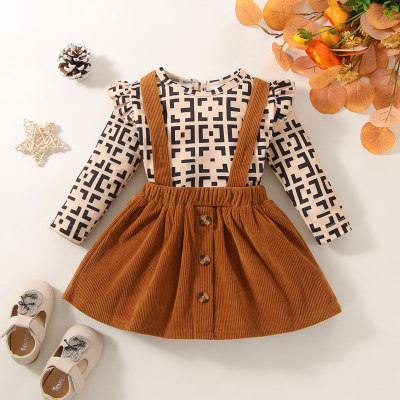 2-piece Baby Girl Geometric Pattern Long Fly Sleeve Top & Button-up Suspender Dress