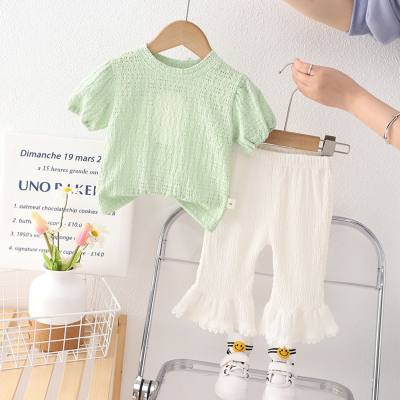 Children's clothing girls summer clothes puff sleeve T-shirt short sleeve sweet suit baby 0-4 years old two-piece set wholesale