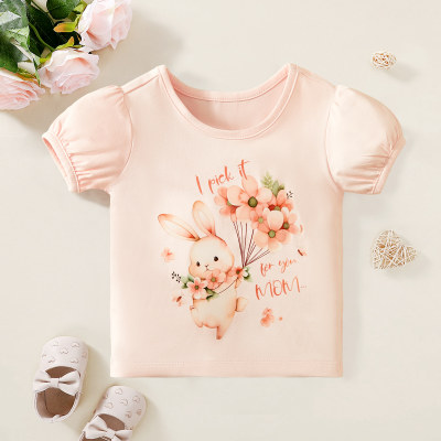 Camiseta linda con estampado de flores y conejitos de manga abullonada de verano para niñas