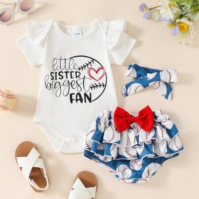 Summer baby girl letter heart print small flying sleeve top + tennis full print multi-layer ruffled bow briefs + headscarf three-piece set