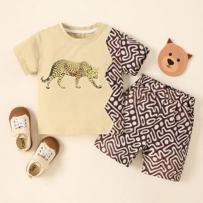 Toddler Boy Casual Leopard Fabric Blocking T-shirt & Shorts