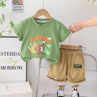 New style boy short-sleeved suit baby summer casual cartoon T-shirt boy casual shorts two-piece suit fashion  Green