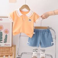Summer new style girls lapel Polo shirt short-sleeved suit baby girl casual denim shorts two-piece trendy set  Orange