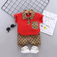 Außenhandel Jungen Kurzarm-Poloshirt im koreanischen Stil 2023 Sommer neuer Stil grenzüberschreitender Säugling Außenhandel Großhandel zweiteiliges Set trendy  rot