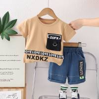 Boys summer suits 2024 new small and medium children's casual summer clothes letters boys short-sleeved two-piece suits trendy  Yellow