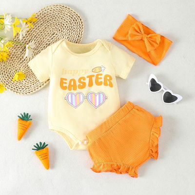 Easter children's clothing 2024 new summer style baby girl sweet short-sleeved letter khaki bunny tail shorts suit