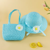 2-piece Girls' Flower Decor Hand Bag & Matching Hat  Blue