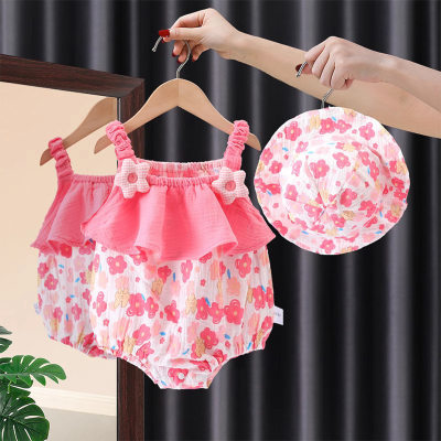 Baby gauze jumpsuit, three-dimensional flower, sweet suspender bag, one-month-old baby girl's thin summer dress, hairband