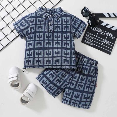 2-piece Toddler Boy Allover Printing Short Sleeve Polo Shirt & Matching Shorts