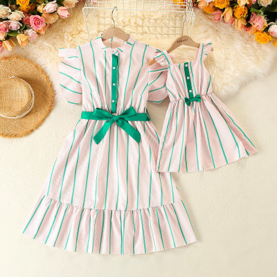 Mom and Me Striped Bowknot Decor Button Front Fly Sleeve Dress & Matching Short Sleeve Dress