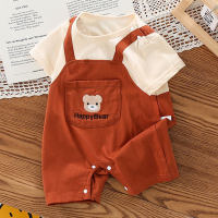 Summer new style infant and toddler fashionable fake two-piece suspender jumpsuit super cute cartoon bear short-sleeved crawl suit  Brown
