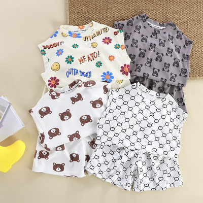 Children's new summer vest suit for children and middle-aged children casual two-piece suit for boys and girls Korean cartoon short-sleeved suit