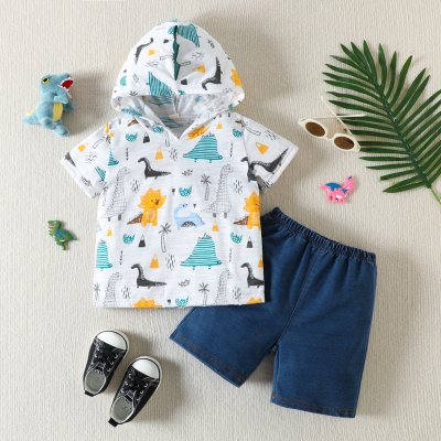 2-piece Toddler Boy Pure Cotton Allover Dinosaur Printed Short Sleeve Hoodie & Solid Color Shorts