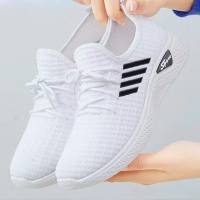 Malha oco sapatos esportivos sapatos femininos verão novos sapatos de malha único sapatos casuais correndo leve respirável voando sapatos tecidos  Branco
