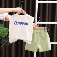 Sommer neue stil jungen stilvolle baby cartoon Ultraman ärmelloses kurzarm baumwolle T-shirt zwei-stück set  Khaki