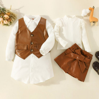 Brother and Sister Solid Color Plush Patchwork Top & Irregular Hem Leather Skirt & Long Sleeve Shirt Dress & V-neck Leather Vest