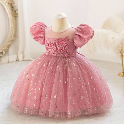 2024 new children's host dress one-year-old flower girl evening dress puff sleeve flower piece princess dress tulle skirt spot