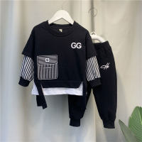 2-Piece Toddler Boy Autumn Casual Letter Print Contrast Color Stitching Long Sleeves Tops & Pants  Black