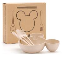 Kindergarten baby food supplement compartment plate wheat straw children's tableware four-piece set promotional gift can be printed with logo  Beige