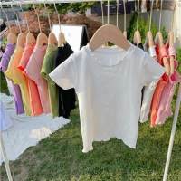 Camiseta de verão para meninas, vestido de verão sem mangas com renda, borda com babados, top infantil pequeno e médio  Branco