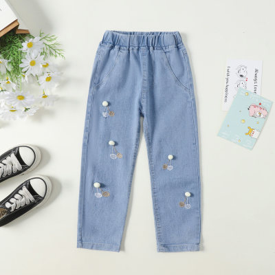 Toddler Girl Cherry Embroidered Casual Jeans