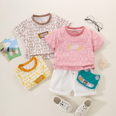 2-piece Toddler Girl Allover Cartoon Animal Printed Short Sleeve T-shirt & Solid Color Shorts