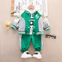 Toddler Color-block Letter Printed Collar Jacket & Hooded Sweater & Pants  Green
