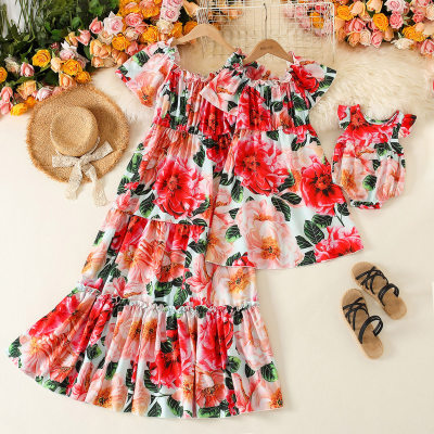 Mom Baby Clothes Sweet Floral Print Puff Sleeve Long Dress