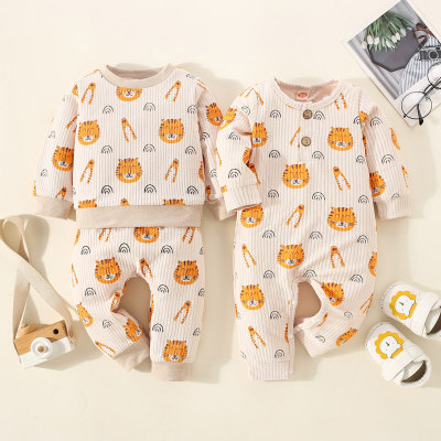 Brother and Sister Allover Tiger Pattern Long Sleeve Top & Matching Pants & Long-sleeved Long-leg Romper