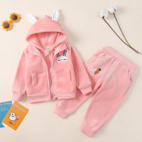 3-piece Toddler Girls Solid Color Rabbit Applique Top & Hooded Zipper Jacket & Matching Pants  Pink