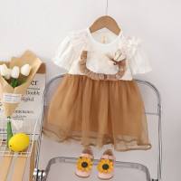 Summer dress for children, new style for girls, mesh stitching, round neck, thin short sleeves, small and medium-sized children's summer princess dress  Brown
