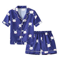 Children's home clothes summer new children's pajamas short-sleeved shorts suit boys and girls baby air-conditioning clothes cardigan thin section  Deep Blue