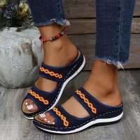 Women's summer fashion thick-soled wedge-heeled casual flying woven sandals  Blue