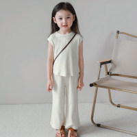 New summer girls baby ice silk suits baby girls summer loose sleeveless vest tops trousers two-piece suit  Beige