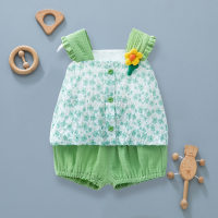 Traje de banda ancha floral de estilo coreano para bebé, ropa informal de estilo veraniego para niña, pantalones cortos finos con tirantes, ropa para recién nacido  Verde