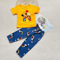 Thin home clothes set short-sleeved and long pants combination medium and large children's underwear set 2 pieces  Yellow