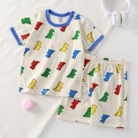 Children's short-sleeved suit pure cotton girls summer clothes two-piece suit children's clothing boys baby T-shirt summer clothes  Cyan