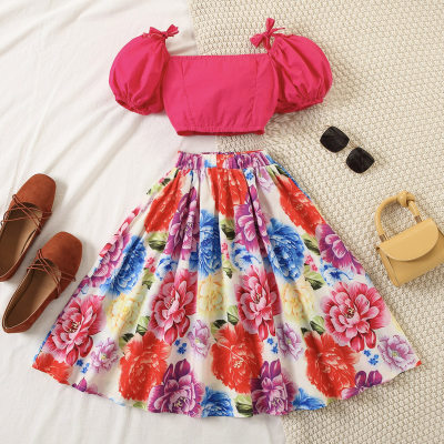 Kid Girl Solid Color Slash Neck Top And Rose Print Dress