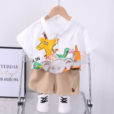 Camisa pólo de manga curta com estampa de animal de desenho animado de puro algodão infantil de 2 peças e shorts de cor sólida