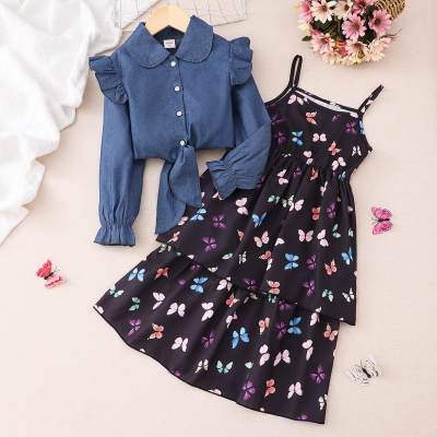 2-piece Kid Girl Solid Color Ruffled Button-up Denim T-shirt & Allover Butterfly Pattern Dress