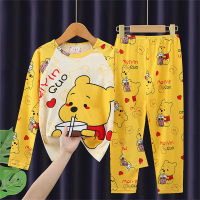 Boys' and children's pajamas, girls' long-sleeved air-conditioning clothes, four seasons home clothes suit  Yellow
