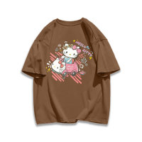Camiseta de manga corta con estampado de gato de dibujos animados, top de dibujos animados lindo y versátil  marrón