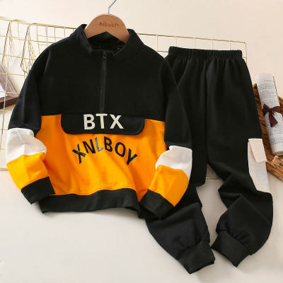 2-piece Kid Boy Color-block Letter Pattern Stand Up Collar Sweatshirt & Cargo Pants